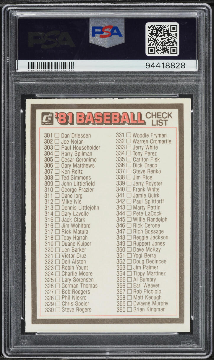 1981 Donruss Checklist 241-360 GARY MATHEWS PSA 6 EXMT