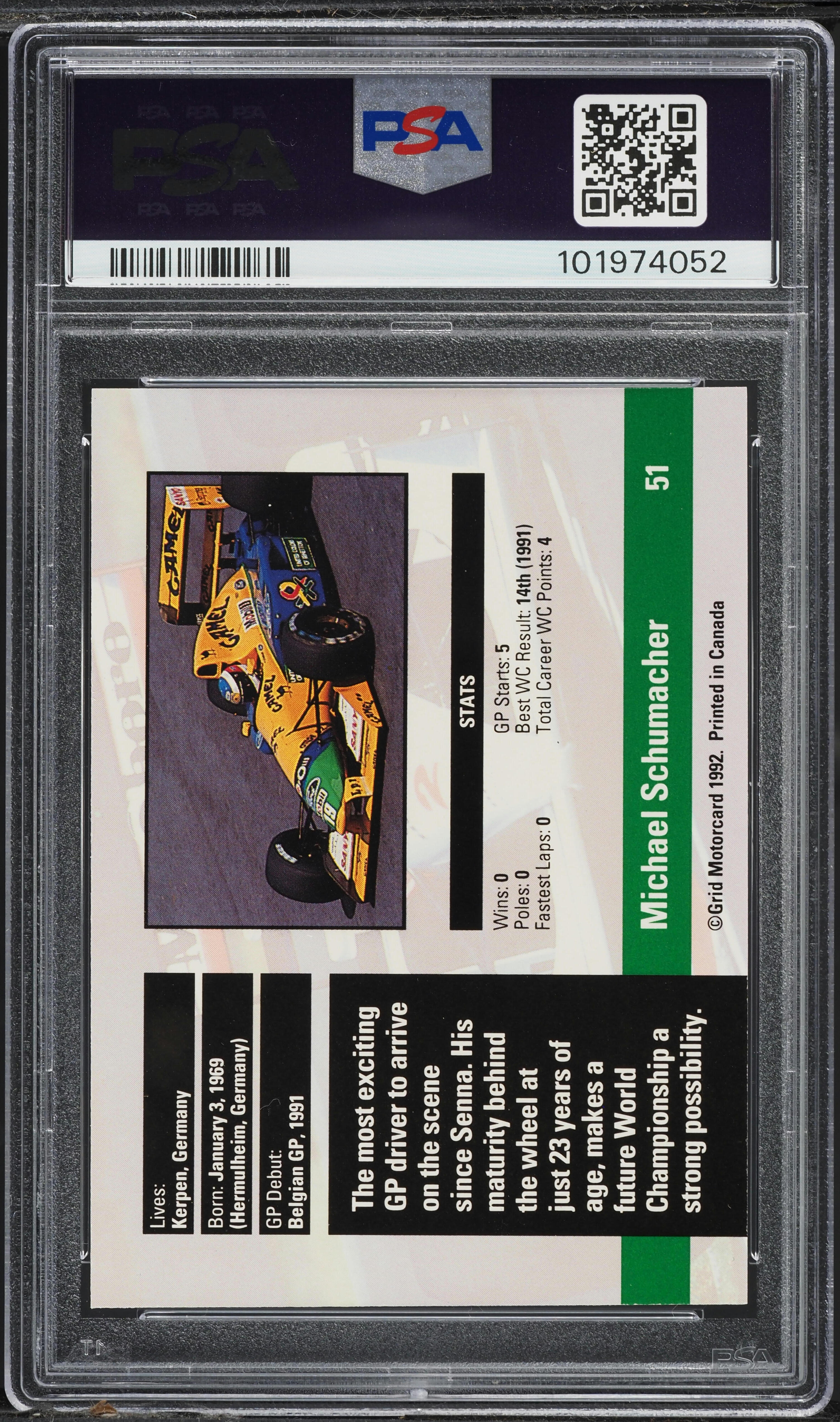 1992 Grid Formula 1 F1 Michael Schumacher ROOKIE #51 PSA 9 1992 Grid Formula 1 F1 Michael Schumacher ROOKIE #51 PSA 9