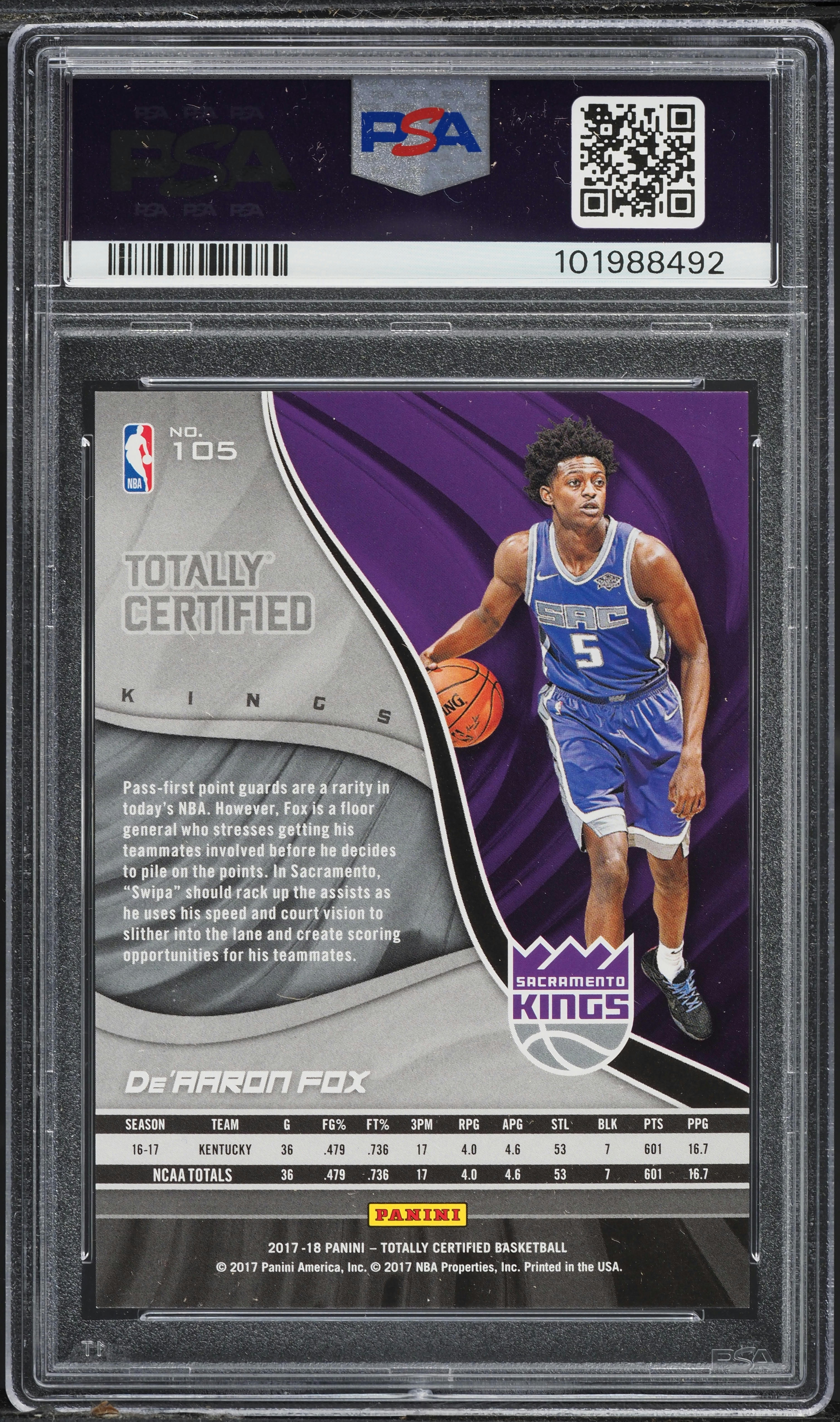 2017 Panini Totally Certified De'aaron Fox ROOKIE /299 #105 PSA 9