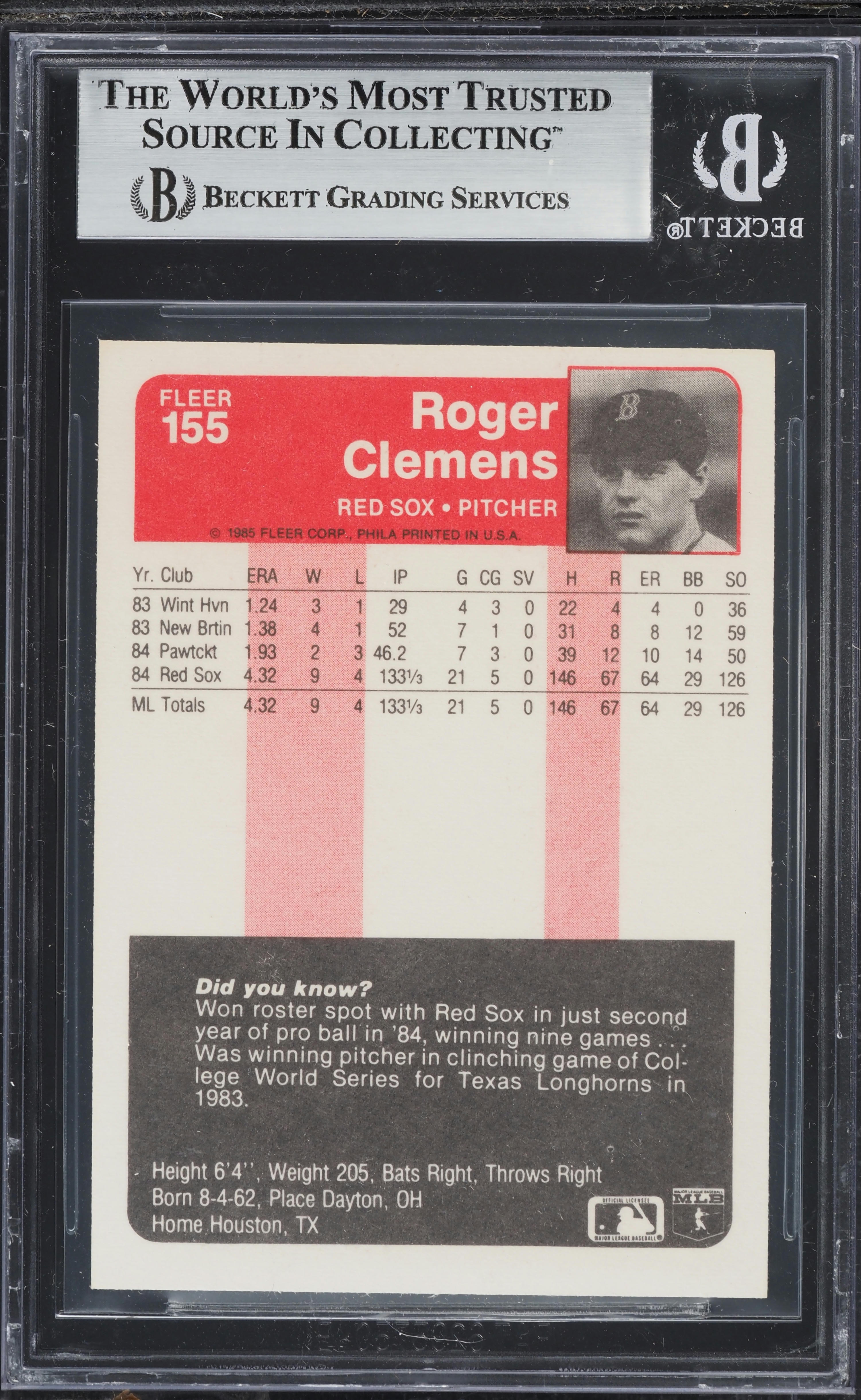 1985 Fleer Roger Clemens ROOKIE #155 BGS 7.5 NRMT+ on Fanatics Collect