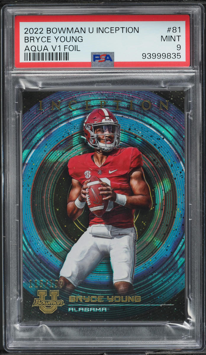 2022 Bowman University Inception Aqua V1 Foil Bryce Young ROOKIE /199 #81 PSA 9