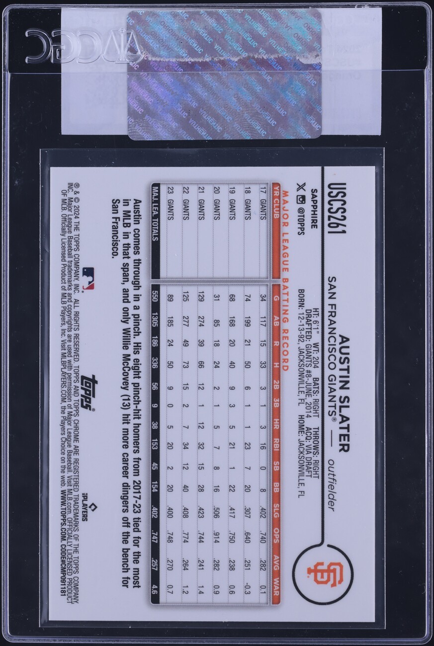 2024 Topps Chrome Update Sapphire Orange Austin Slater /25 #USCS261 CGC AUTH