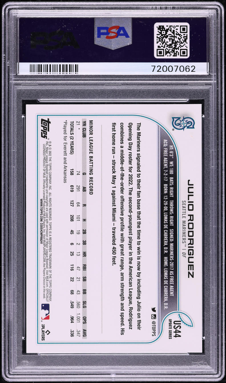 2022 Topps Update Rainbow Foil Julio Rodriguez ROOKIE #US44 PSA 10 GEM MINT