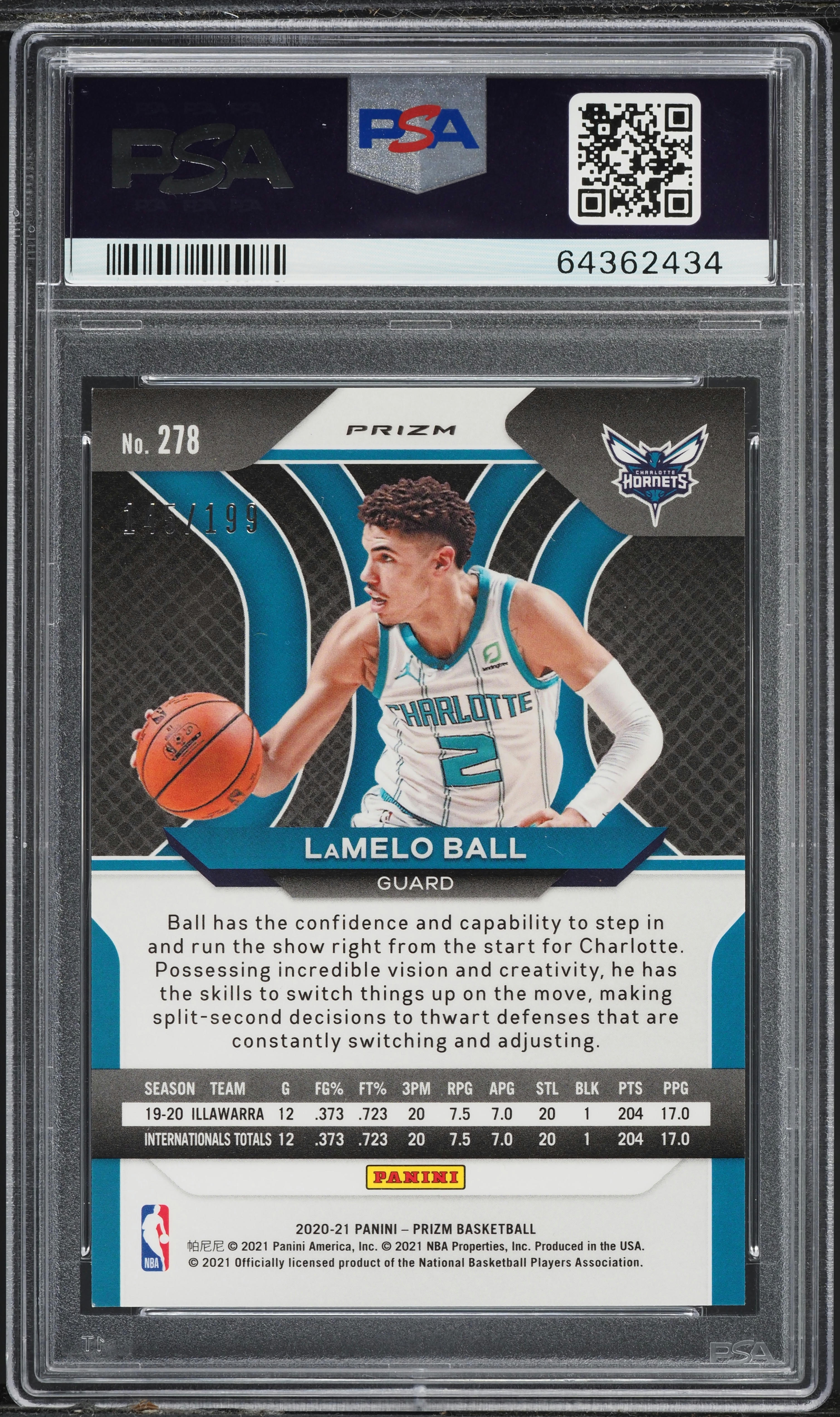 2020 Panini Prizm Blue LaMelo Ball ROOKIE /199 #278 PSA 9 MINT on