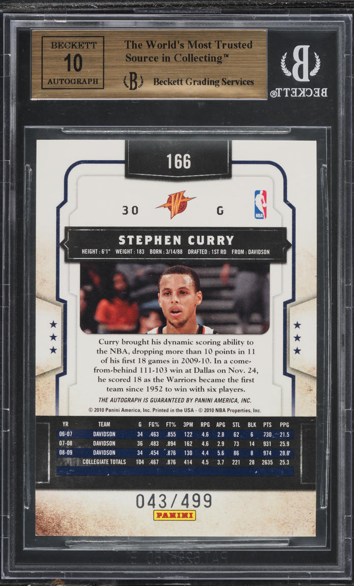 2009 Panini Classics Stephen Curry ROOKIE AUTO /499 #166 BGS 9.5 GEM MINT
