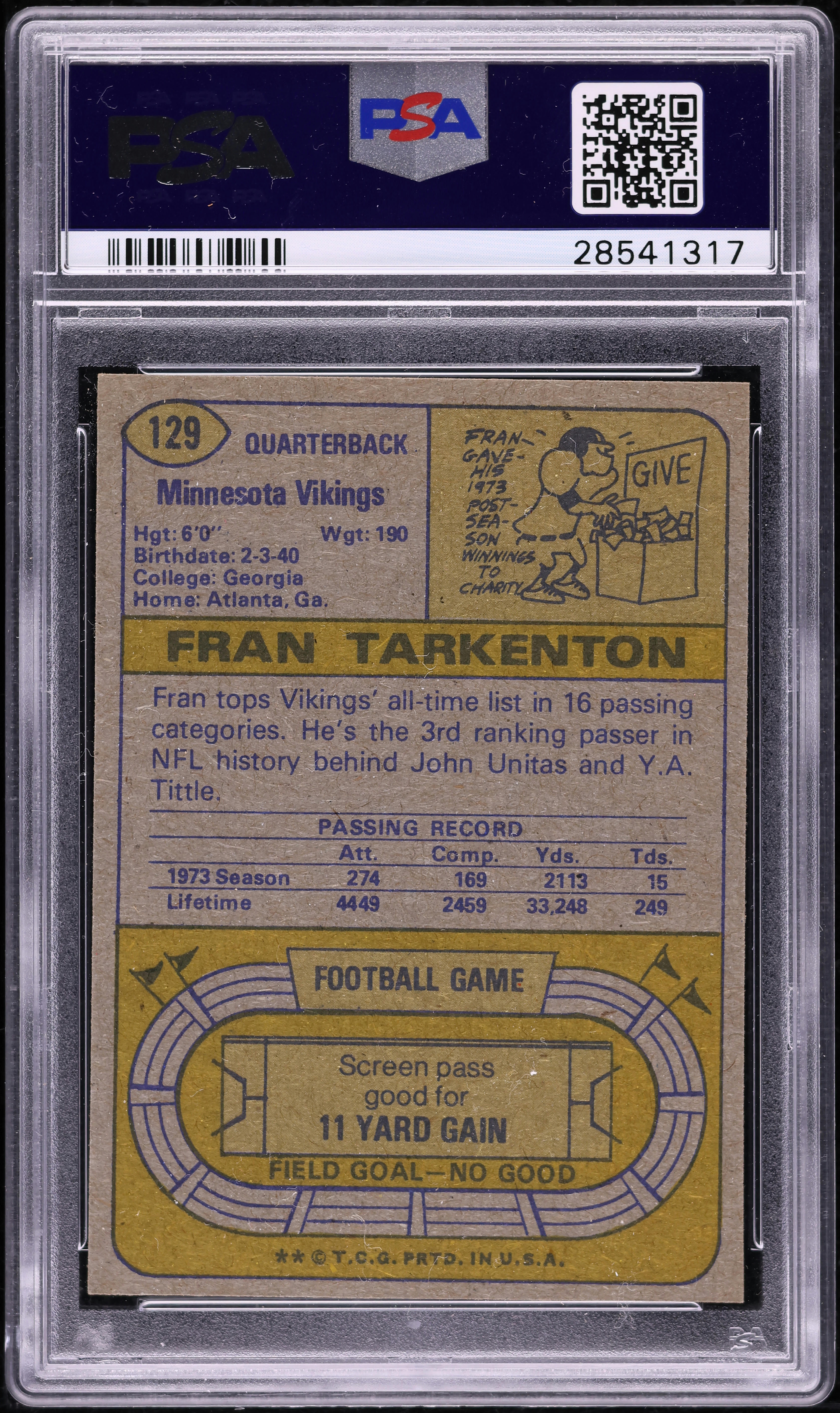 1974 Topps Football Fran Tarkenton ALL-PRO #129 PSA 8 NM-MT on