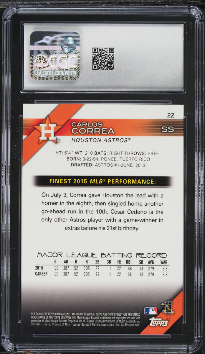 2016 Finest Gold Refractor Carlos Correa /25 #22 CGC 10 GEM MINT