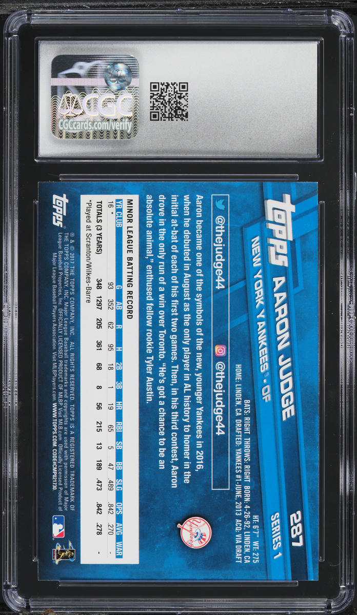 2017 Topps Aaron Judge ROOKIE #287 CGC 9 MINT