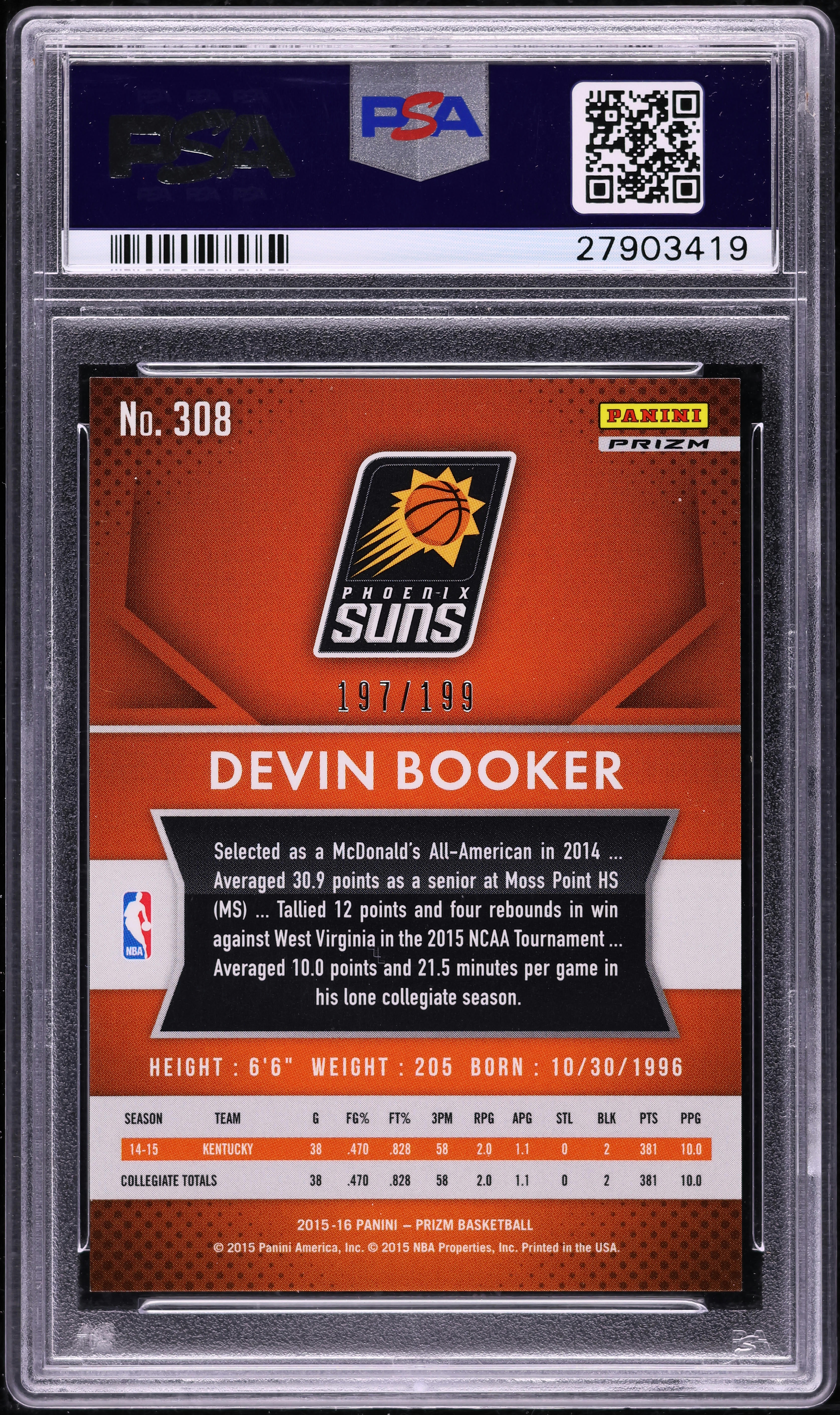 2015 Panini Prizm Light Blue Devin Booker ROOKIE /199 #308 PSA 9