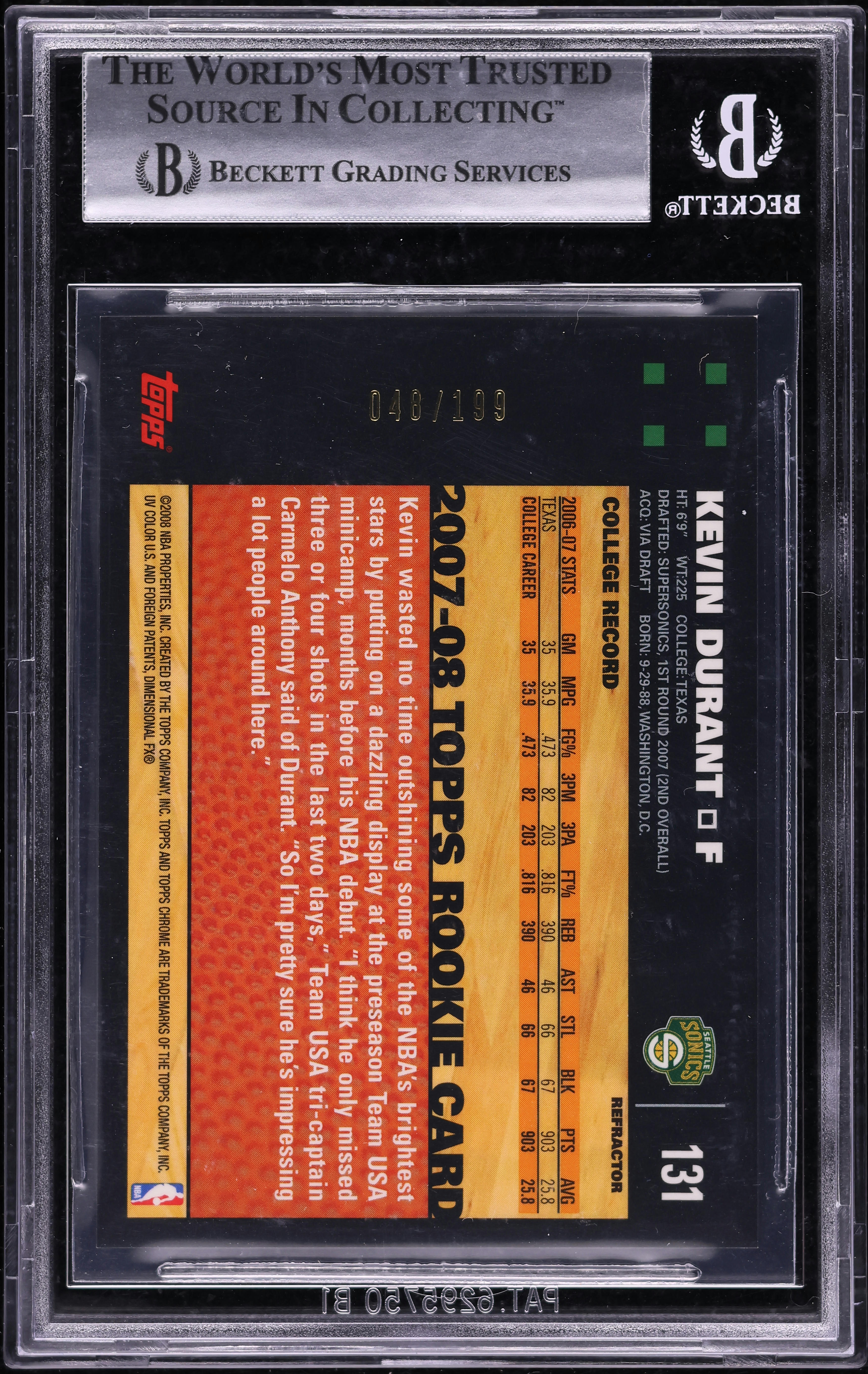 2007 Topps Chrome Orange Refractor Kevin Durant ROOKIE /199 #131