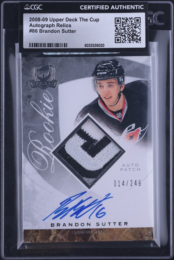 2008 Upper Deck The Cup Brandon Sutter ROOKIE PATCH AUTO /249 #86 CGC AUTH