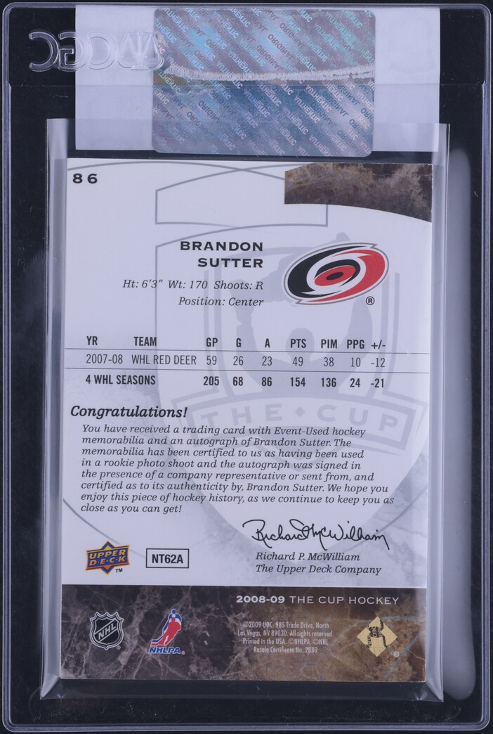 2008 Upper Deck The Cup Brandon Sutter ROOKIE PATCH AUTO /249 #86 CGC AUTH