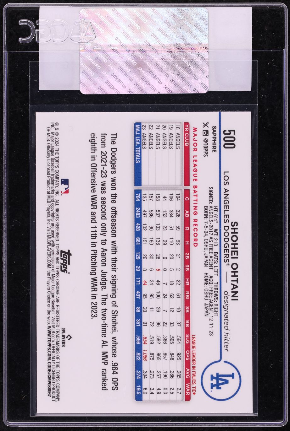 2024 Topps Chrome Sapphire Orange Shohei Ohtani /25 #500 CGC AUTH