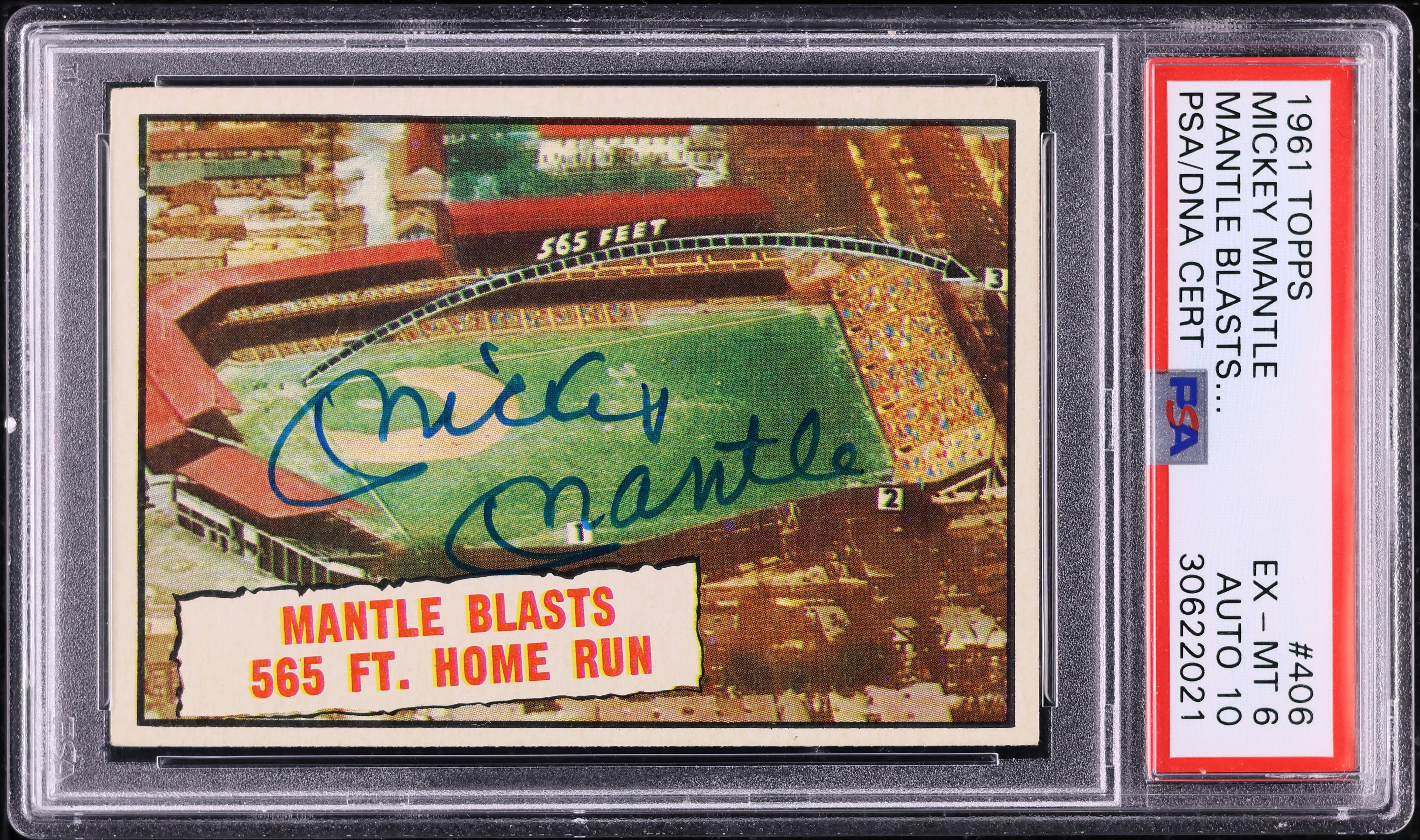 1961 Topps Mickey Mantle MANTLE BLASTS... AUTO DNA 10 #406 PSA 6 