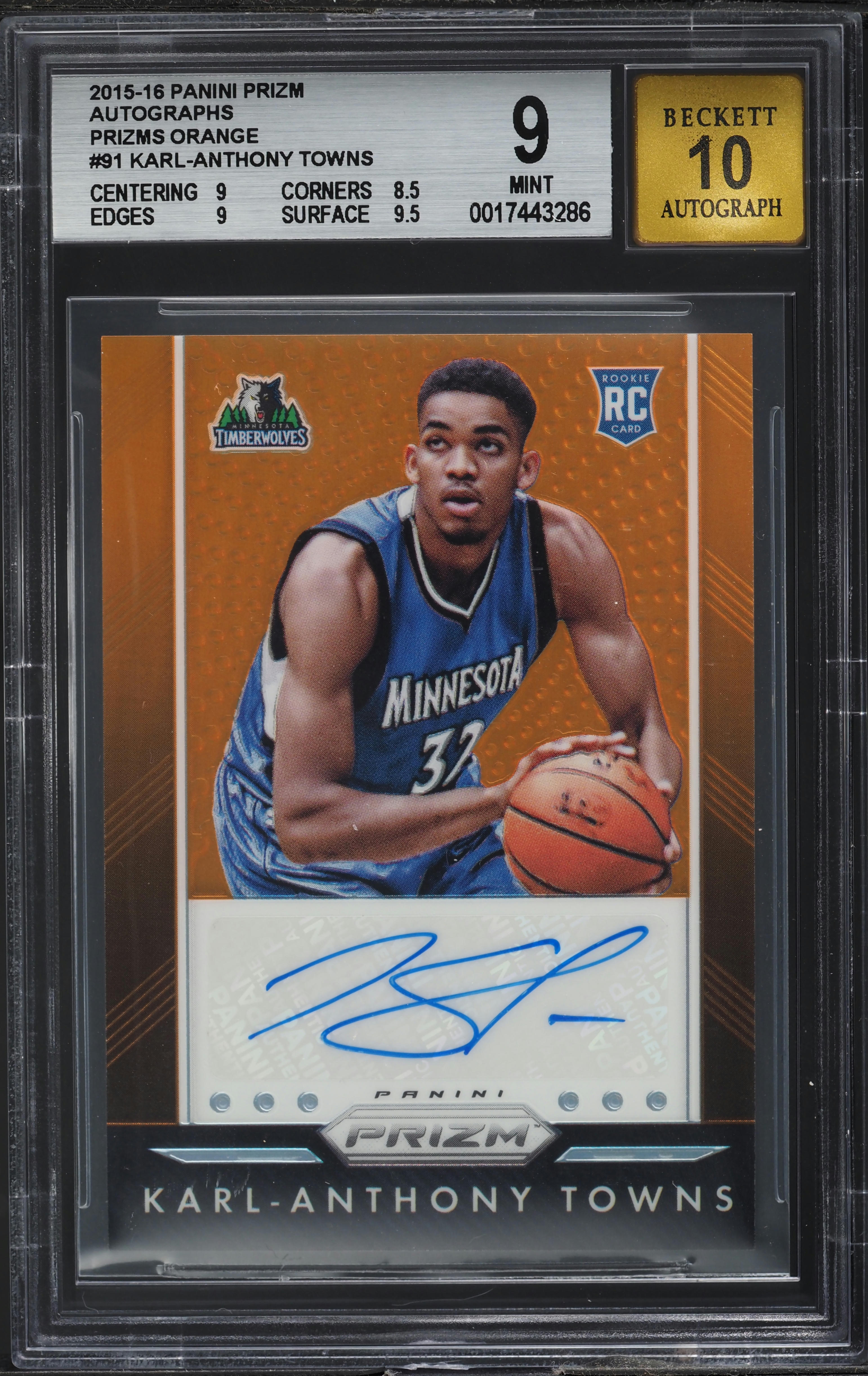 2015 Panini Prizm Orange Karl-Anthony Towns ROOKIE AUTO /65 #P-KAT