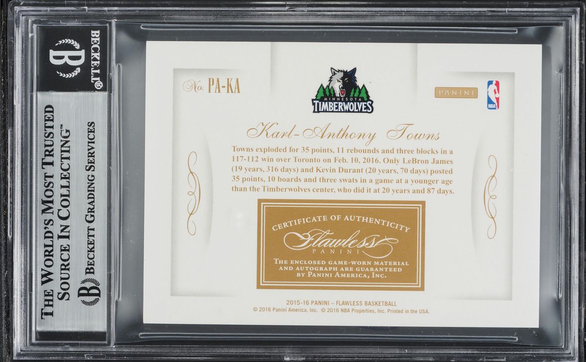 2015 Panini Flawless Karl-Anthony Towns ROOKIE PATCH AUTO /25 #PA-KA BGS 8.5