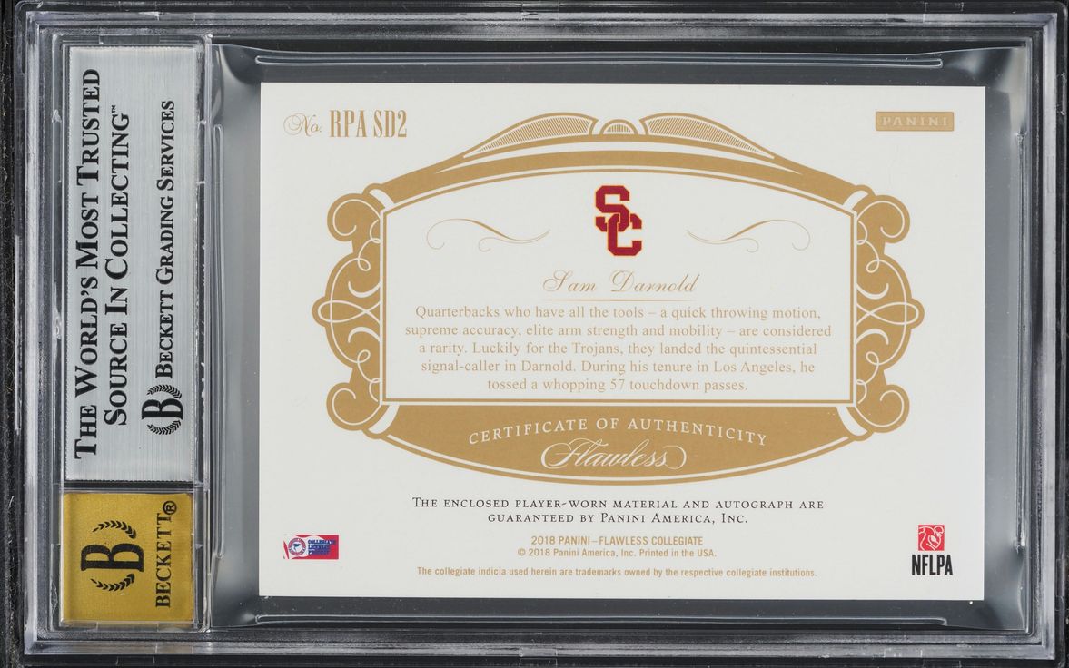2018 Panini Flawless Collegiate Sam Darnold ROOKIE PATCH AUTO /25 #RPA-SD2 BGS 9