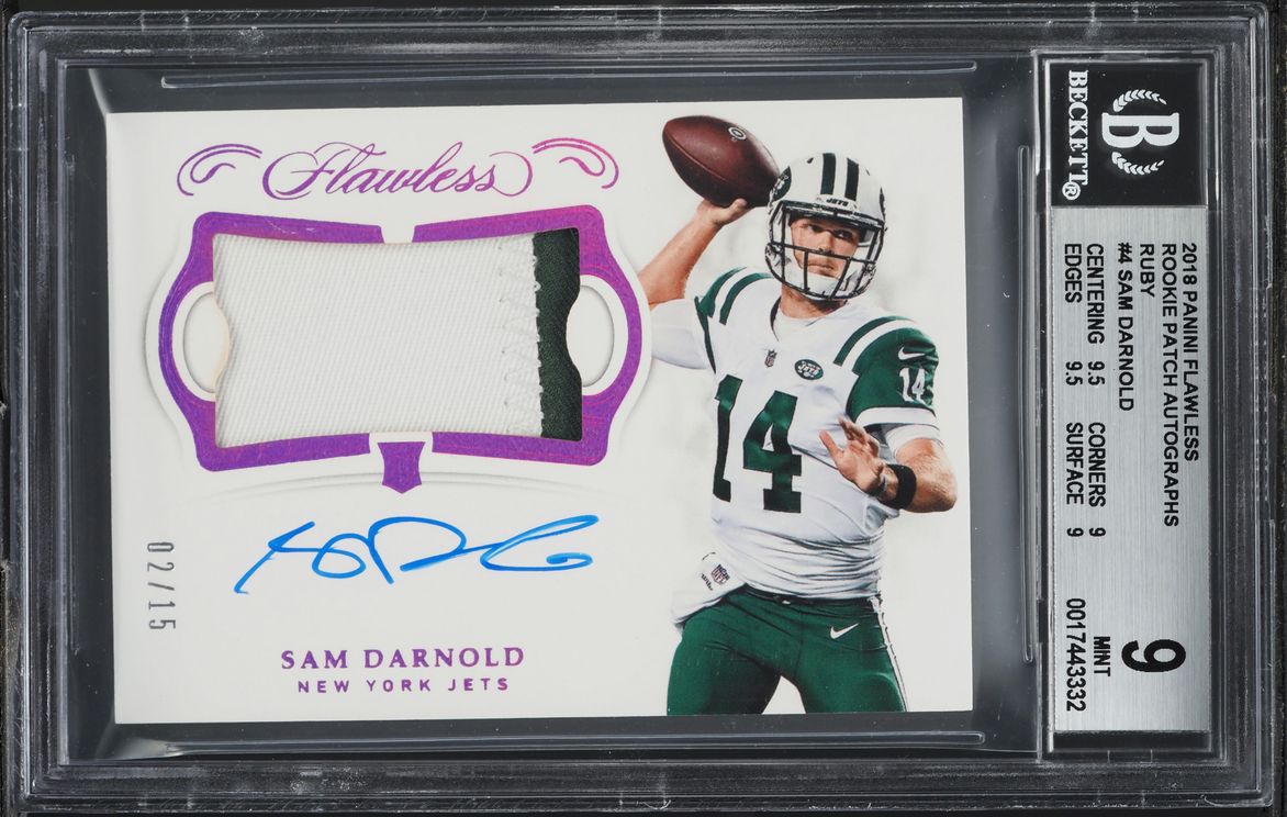 2018 Panini Flawless Ruby Sam Darnold ROOKIE PATCH AUTO /15 #RPA-SD BGS 9 MINT