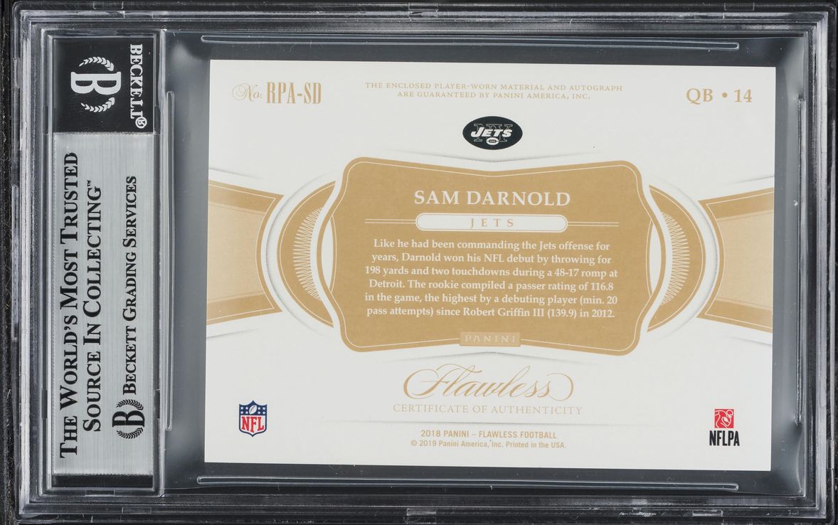 2018 Panini Flawless Ruby Sam Darnold ROOKIE PATCH AUTO /15 #RPA-SD BGS 9 MINT