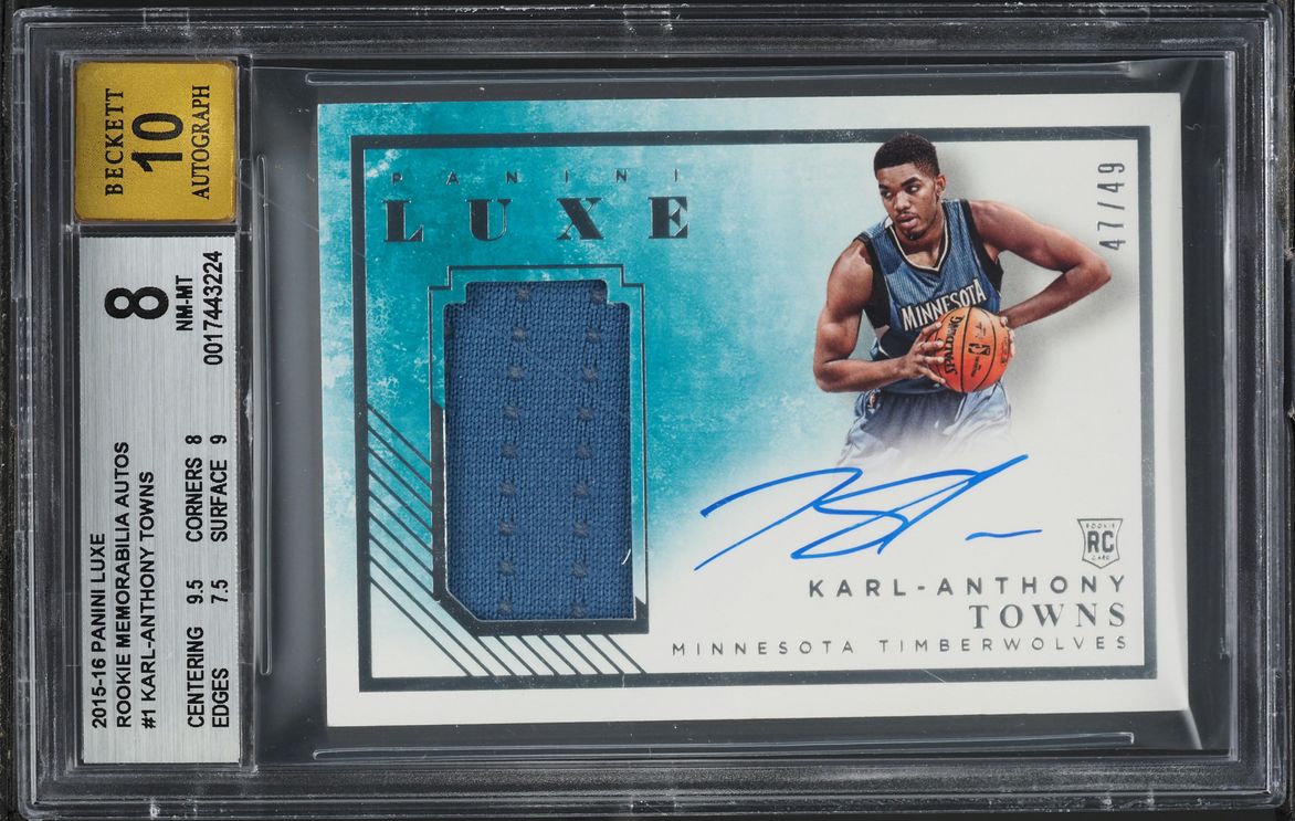 2015 Panini Luxe Karl-Anthony Towns ROOKIE PATCH AUTO /49 #RM-KAT BGS 8 NM-MT