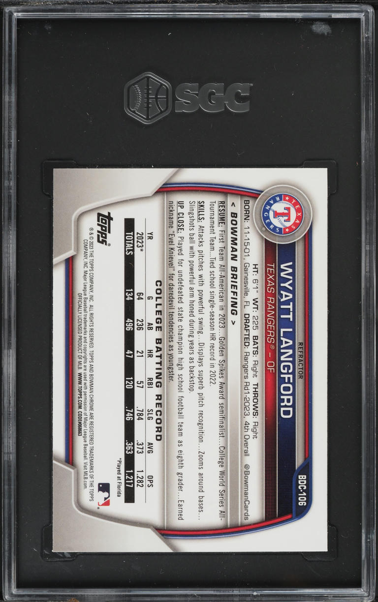 2023 Bowman Chrome Draft Refractor Wyatt Langford ROOKIE #BDC-106 SGC 10 GEM