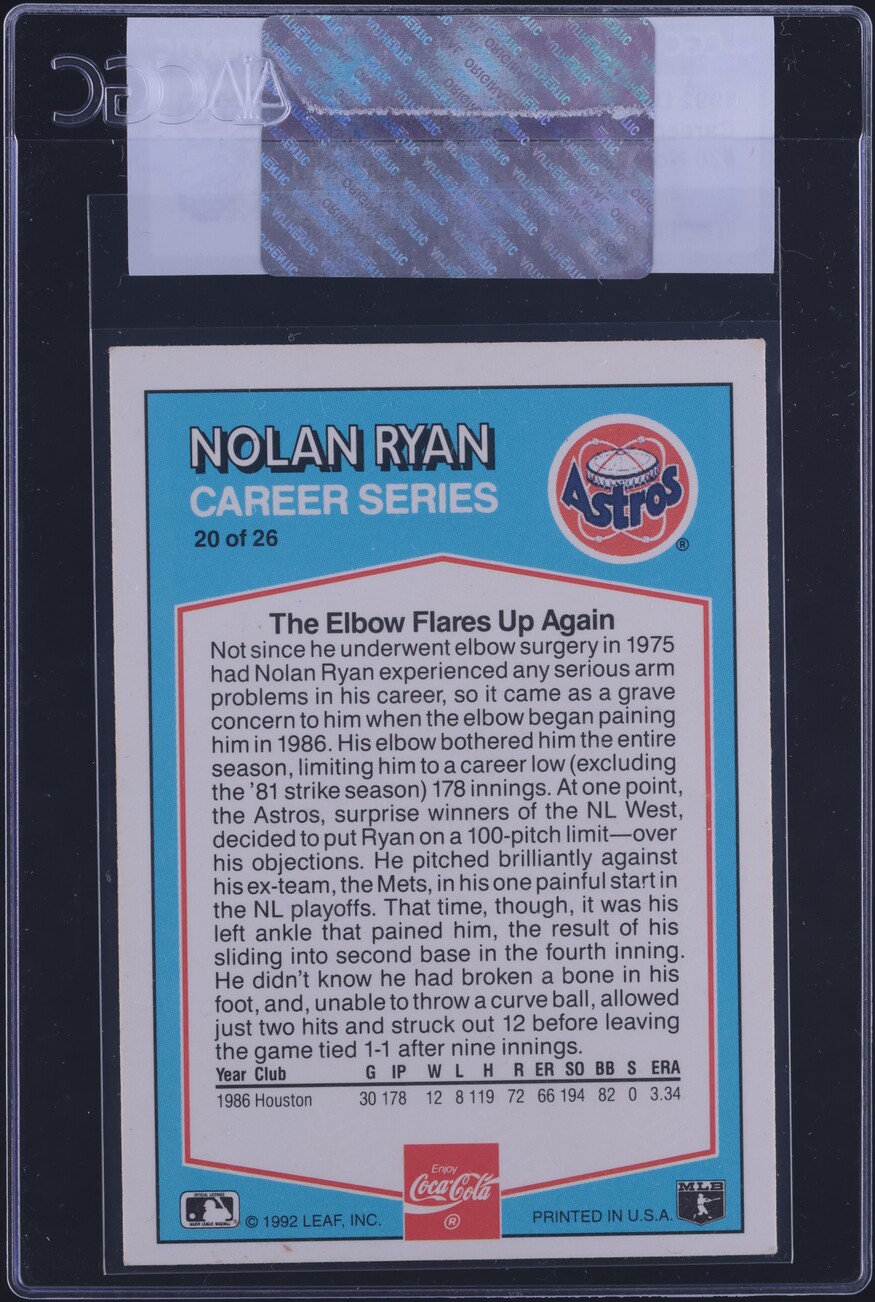 1992 Donruss Coca-Cola Career Series Nolan Ryan #20 CGC AUTH