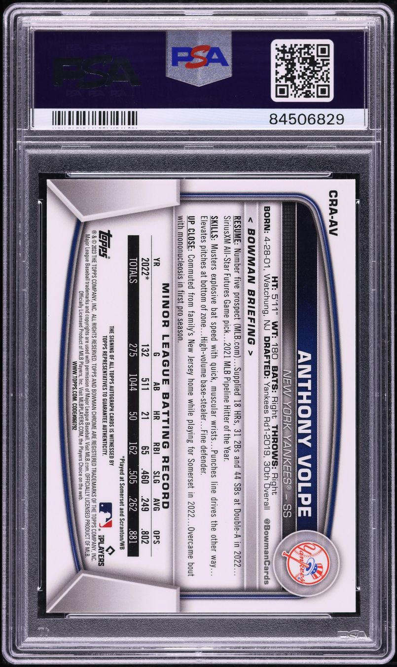 2023 Bowman Chrome Superfractor Anthony Volpe ROOKIE AUTO DNA 10 1/1 PSA 10 GEM
