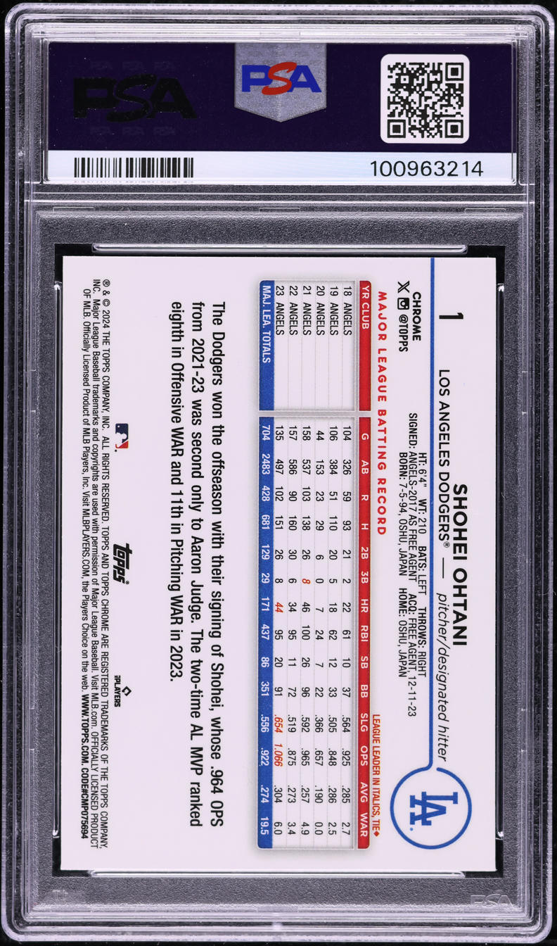 2024 Topps Chrome Purple Sonar Refractor Shohei Ohtani /275 #1 PSA 10 GEM MINT