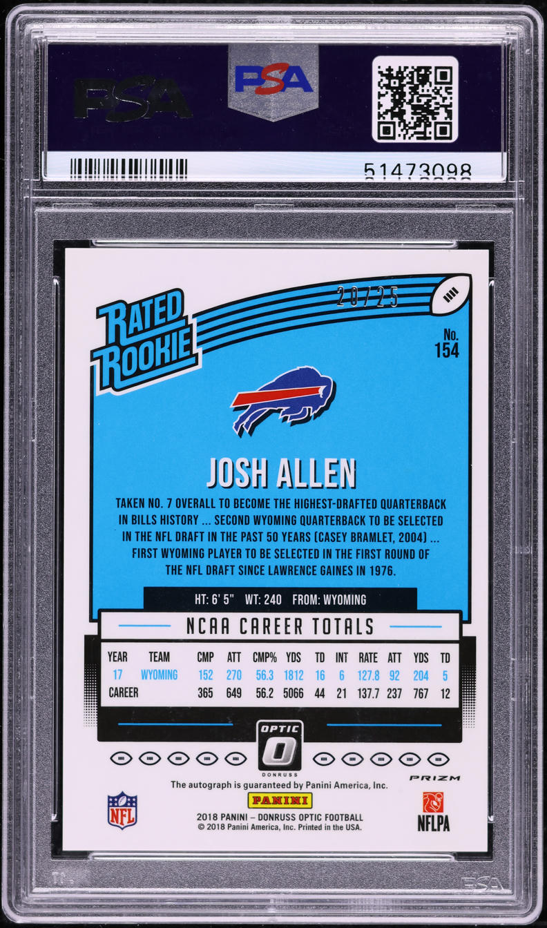2018 Donruss Optic Black Velocity Josh Allen ROOKIE AUTO /25 #154 PSA 9 MINT