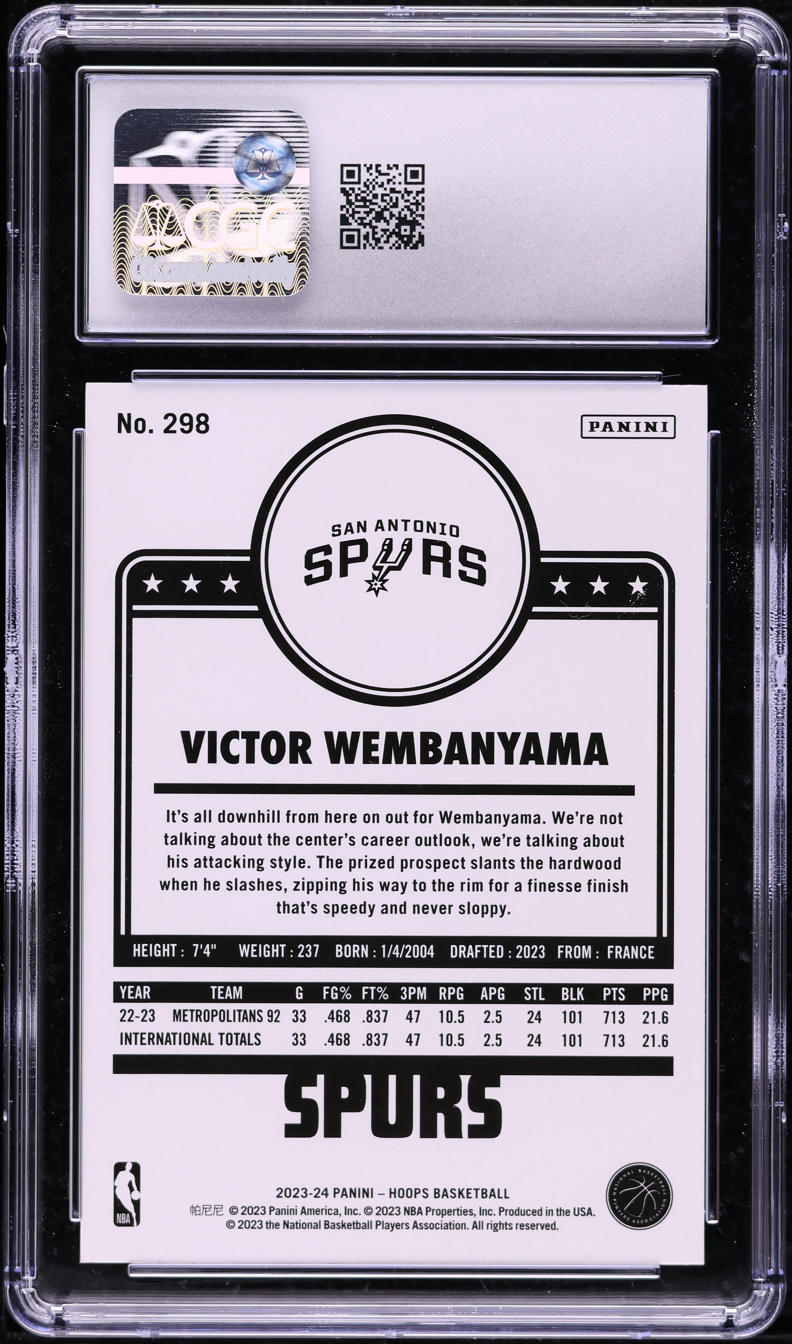 2023 Hoops Victor Wembanyama ROOKIE #298 CGC 8 NM-MT