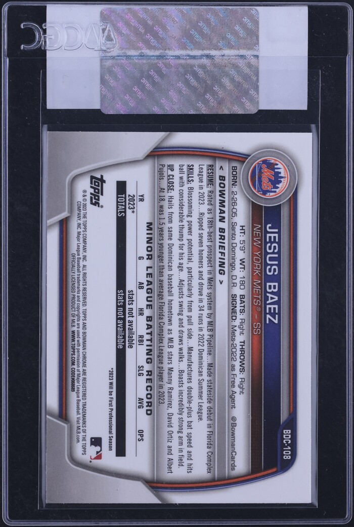 2023 Bowman Chrome Draft Green Grass Jesus Baez PROSPECT /99 #BDC-108 CGC AUTH