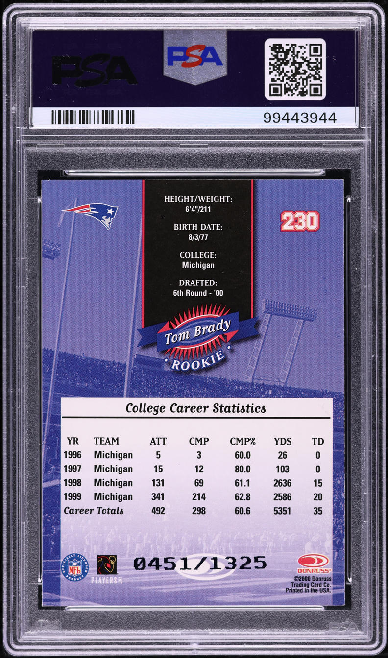2000 Donruss Football Tom Brady ROOKIE /1325 #230 PSA 8 NM-MT