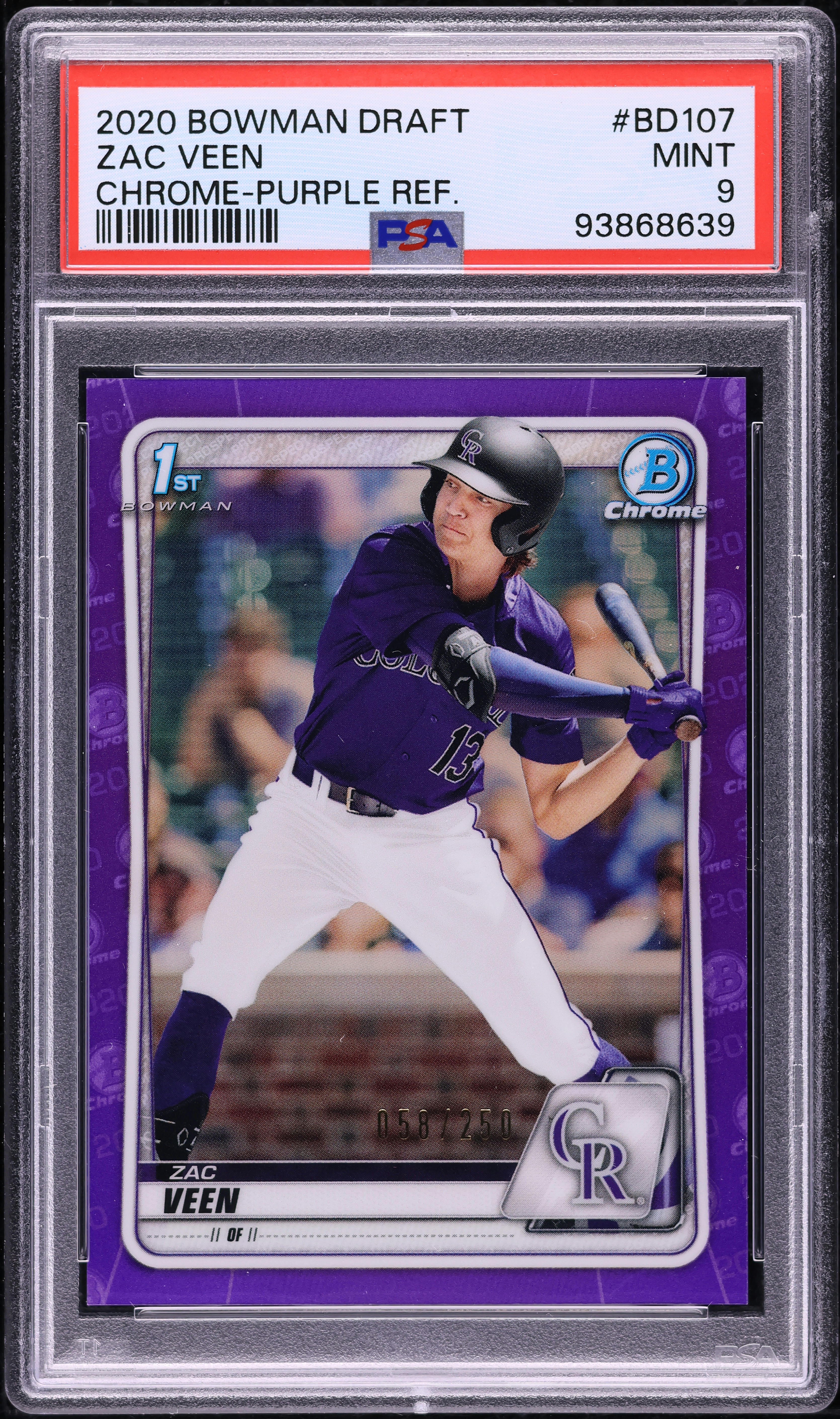 2020 Bowman Chrome Draft Purple Refractor Zac Veen PROSPECT /250