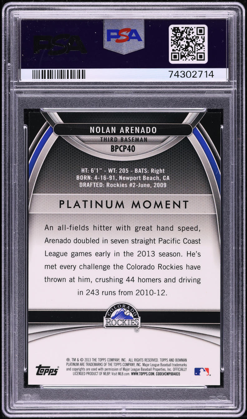 2013 Bowman Chrome Platinum Blue Nolan Arenado ROOKIE /199 PSA 10 GEM MINT