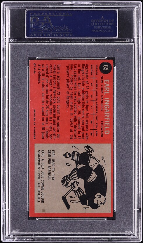 1964 Topps Hockey Earl Ingarfield #65 PSA 8 NM-MT