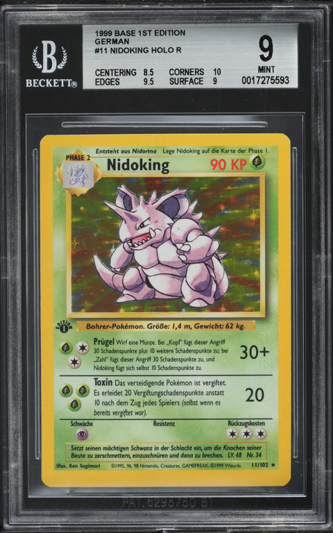 1999 nidoking pokemon card value 11/102 (1999) CGC 6.5 Zapp! Comics Commemorate your favorite Pokemon with this Nidoking 1999 Pokemon Base Set Shadowless Holo #11 SGC Authenticated 7.5 Card Top 10 Most Valuable Nidoking