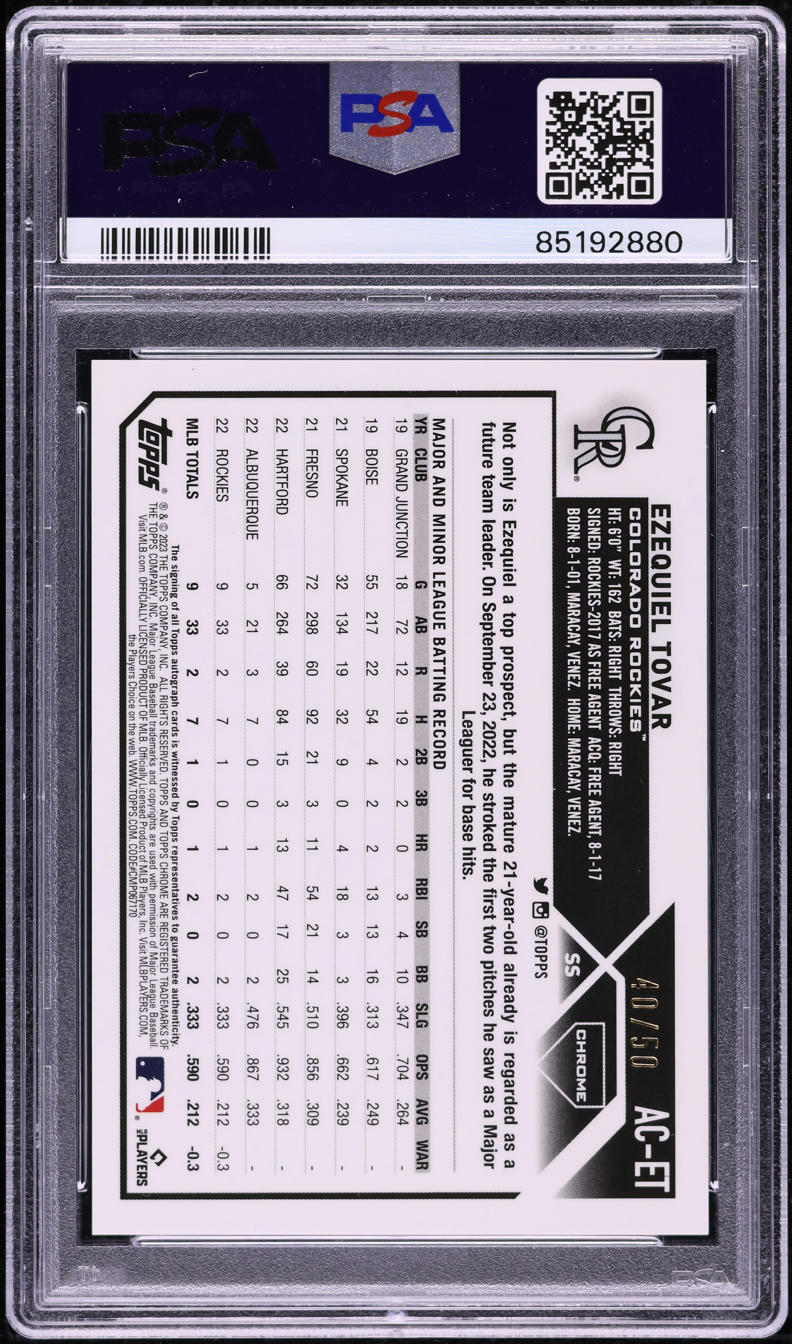 2023 Topps Chrome Update Gold Refractor Ezequiel Tovar ROOKIE AUTO /50 #AC-ET PSA 9 MINT