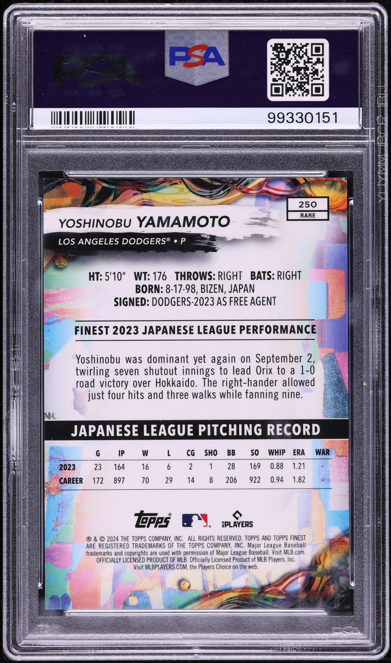 2024 Finest Sky Blue Refractor Yoshinobu Yamamoto ROOKIE /150 #250