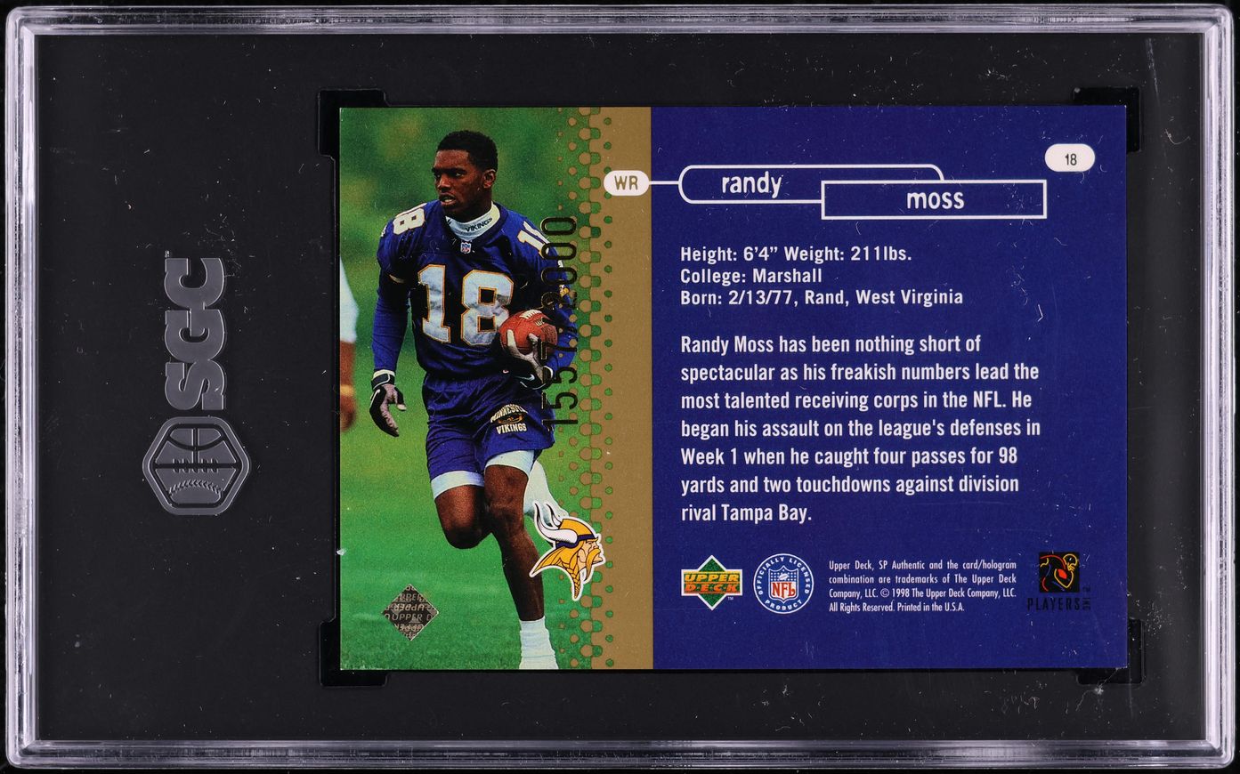 1998 SP Authentic Randy Moss ROOKIE /2000 #18 SGC 9 MINT