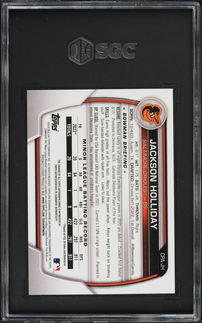 2023 Bowman Chrome Green Grass Jackson Holliday AUTO /99 #CPA-JH SGC 9.5 MINT+