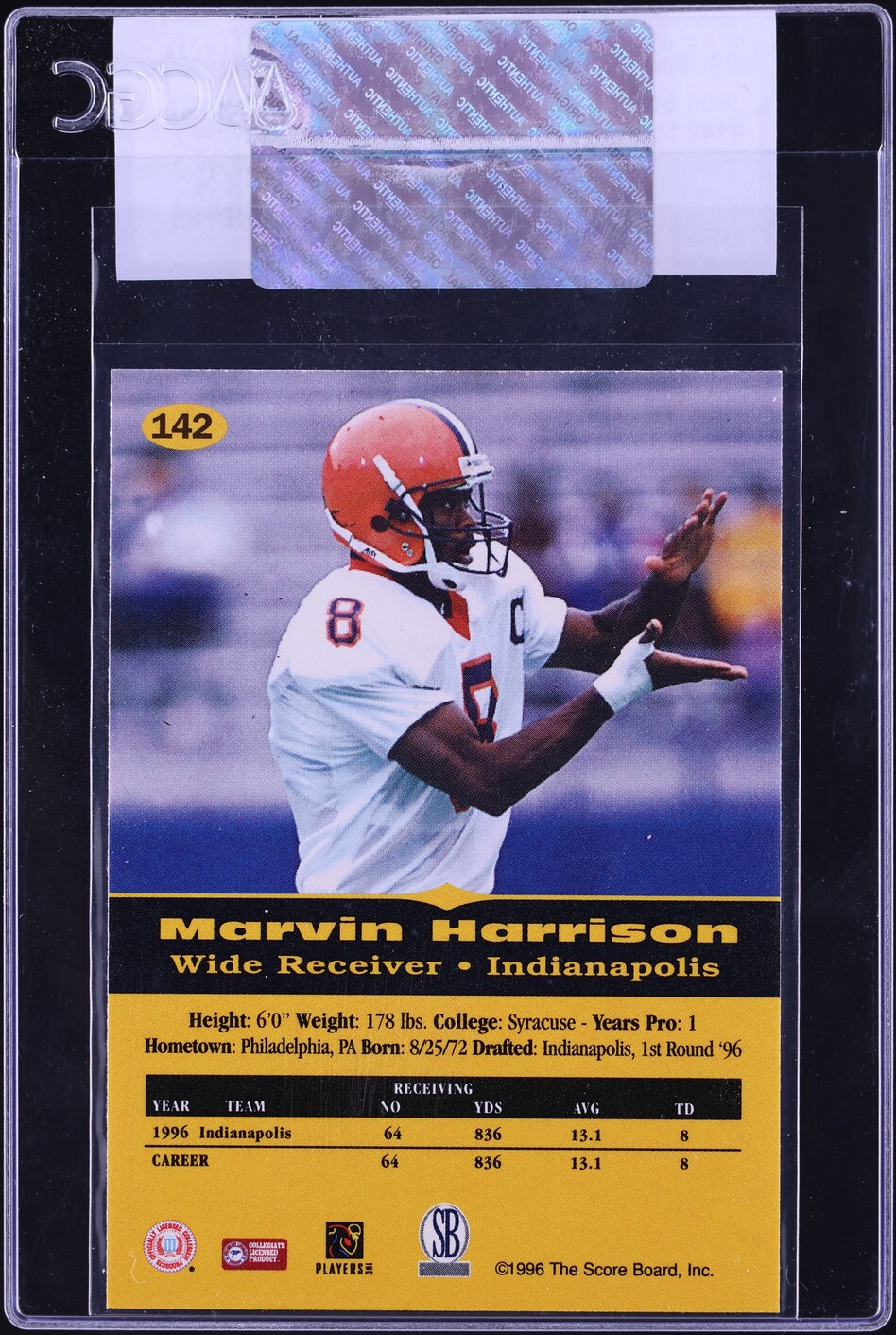 1996 Score Board All Sport PPF Marvin Harrison ROOKIE #142 CGC AUTH