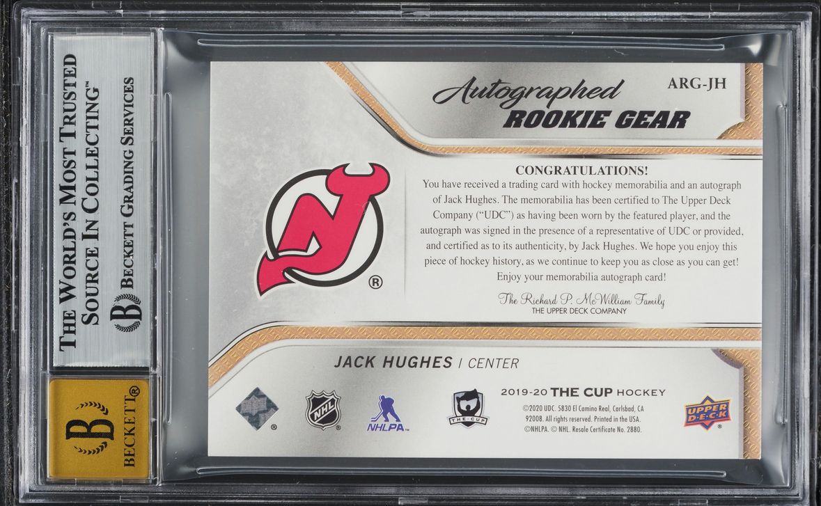 2019 The Cup Jack Hughes ROOKIE PATCH AUTO /24 #ARG-JH BGS 8 NM-MT