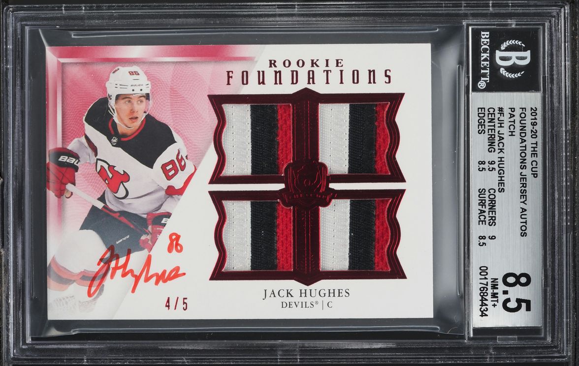 2019 The Cup Foundations Jack Hughes ROOKIE PATCH AUTO /5 #F-JH BGS 8.5 NM-MT+