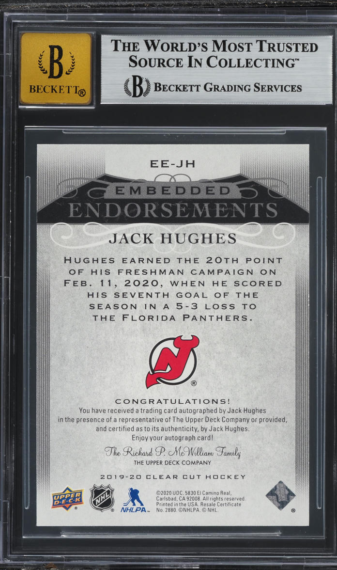 2019 Upper Deck Clear Cut Embedded Jack Hughes ROOKIE AUTO 1/99 #EEJH BGS 8.5