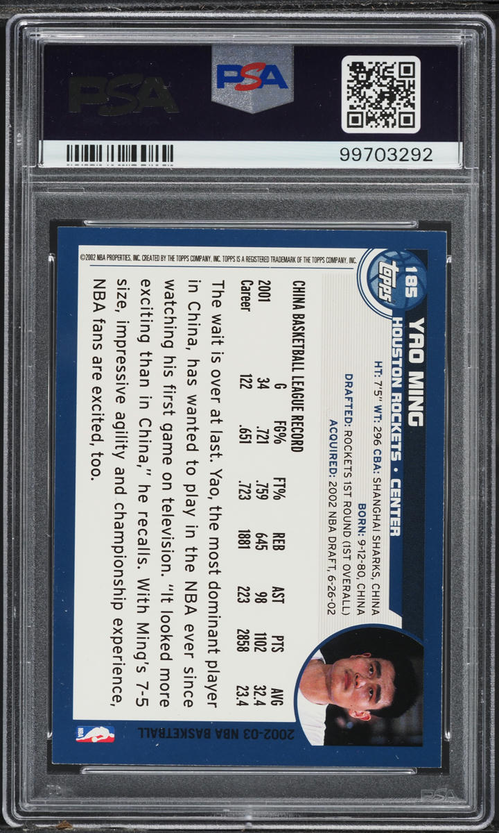 2002 Topps Basketball Yao Ming ROOKIE #185 PSA 7 NRMT
