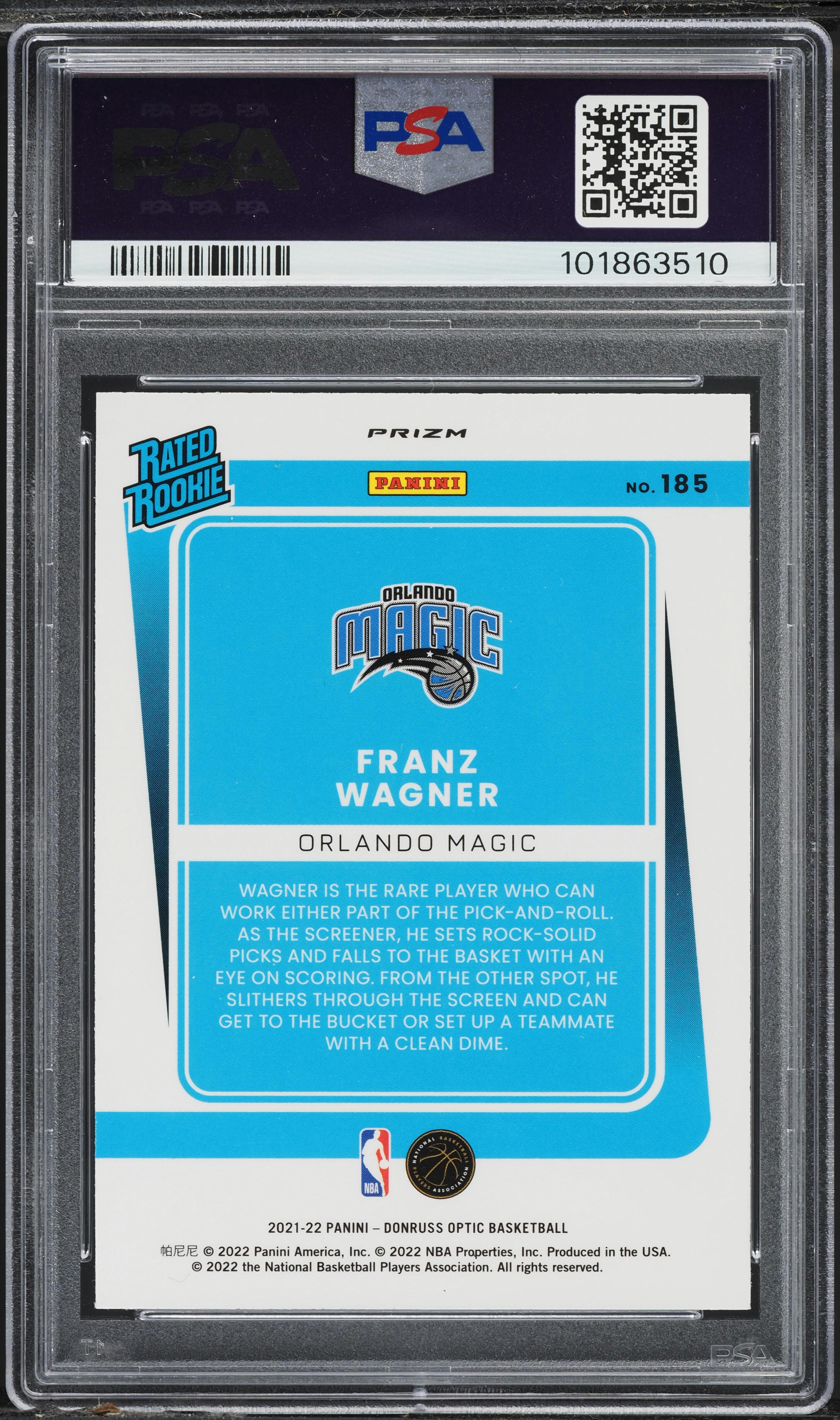 2021 Donruss Optic Purple Franz Wagner ROOKIE #185 PSA 9 MINT on