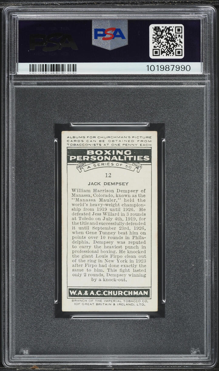 1938 WA & AC Churchman Jack Dempsey BOXING PERSONALITIES #12 PSA 4 VGEX
