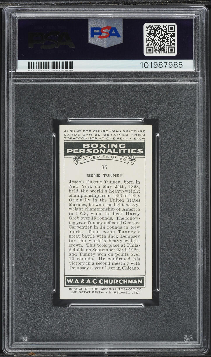 1938 WA & AC Churchman Gene Tunney BOXING PERSONALITIES #35 PSA 4 VGEX