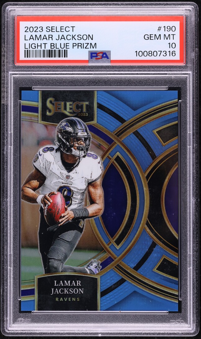 2023 Panini Select Light Blue Prizm Lamar Jackson #190 PSA 10 GEM MINT