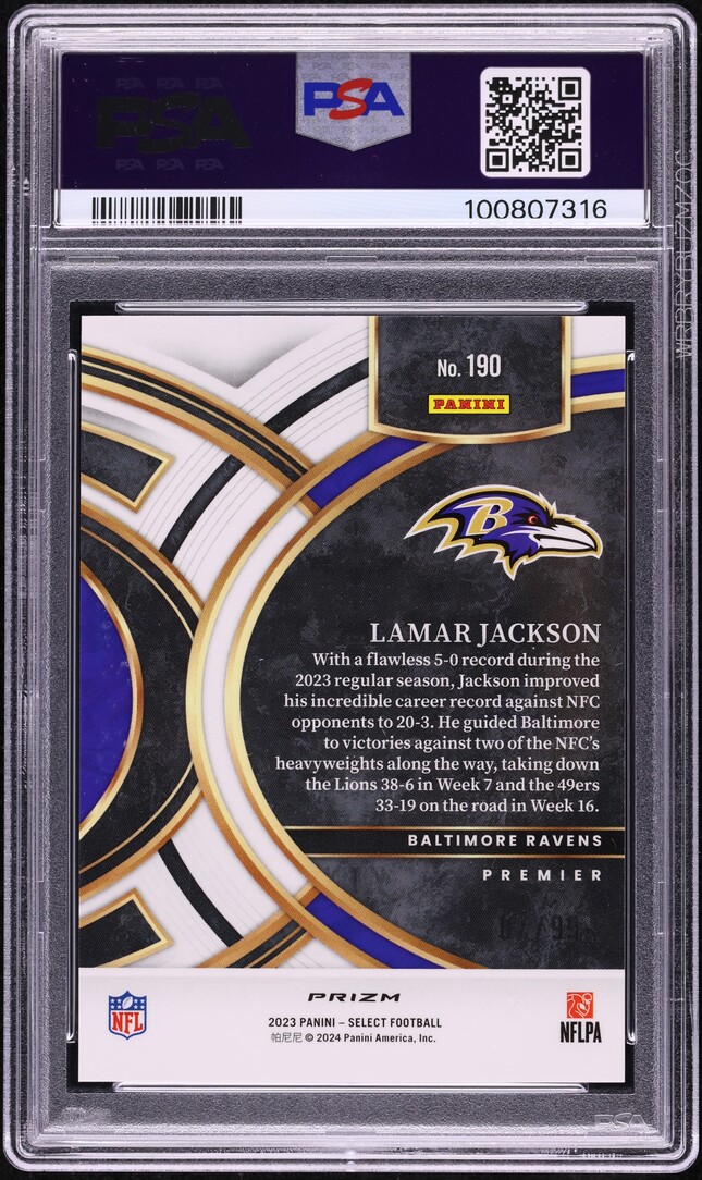 2023 Panini Select Light Blue Prizm Lamar Jackson #190 PSA 10 GEM MINT